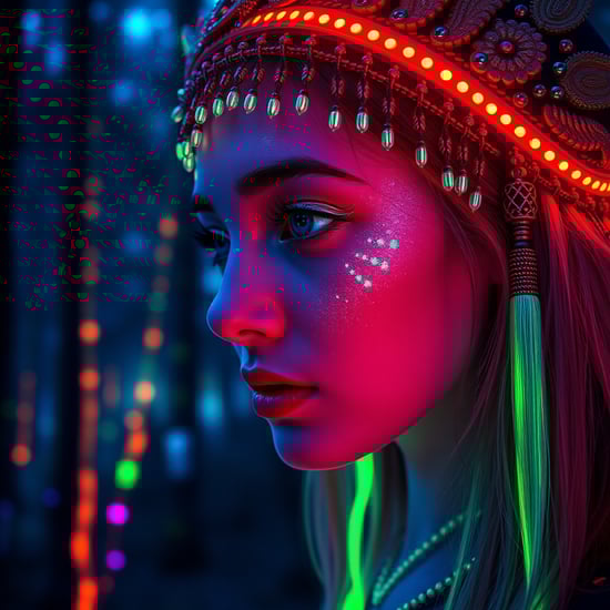 portrait | wide angle shot of eyes off to one side of frame, lucid dream-like woman, looking off in distance ::8 style | daydreampunk with glowing skin and eyes, styled in headdress, beautiful, she is dripping in neon lights, very colorful blue, green, purple, bioluminescent, glowing ::8 background | forest, vivid neon wonderland, particles, blue, green, purple ::7 parameters | rule of thirds, golden ratio, assymetric composition, hyper- maximalist, octane render, photorealism, cinematic realism, unreal engine, 8k