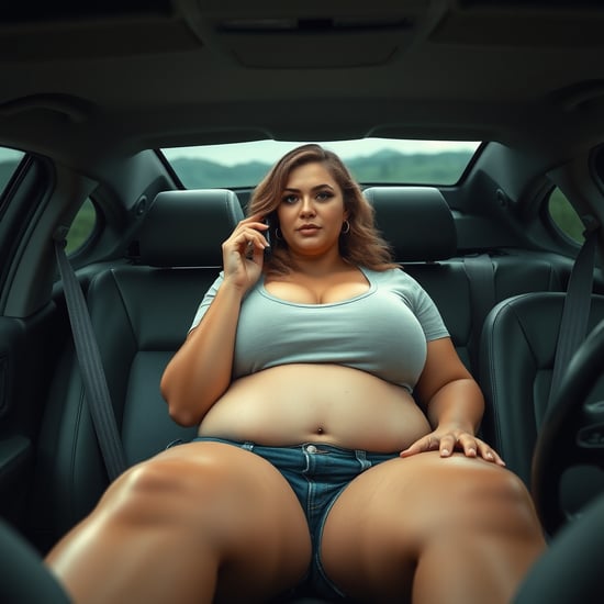  front view of a very big curvy woman,,very tall, massive muscle, young woman, big traps and shoulders, very big enormous girl, big tits disproportionate to the body  , sit sit into a car , view inside the car ,  speak at phone, cigarette in her hand  , body lady proportional to the car , erotic sexy pose ,  erotic sexy position  , erotic sexy pose ,  erotic sexy position  , erotic sexy pose ,  erotic sexy position  , erotic sexy pose ,  erotic sexy position  ,  showing 1/2 quarty of the body lady
   jeans shorts, t-shirt 

, big muscle biceps, wet skin, farm on high hills in the countryside, , very big chesty, big breasted, hyper detailed, trending on artstation,studio photo, intricate details, highly detailed, , trending on artstation, sharp focus, studio photo, intricate details, highly detailed, by greg rutkowskia strong woman ,she is  massive busts lady 
 very very tall  ,4 huge and large ass, huge thighs, ,  ,very fat arms  ,large shoulders, big relaxed  tits, , accentuates her powerful physique soc ,  
,  short haircut ,   jean pant,  implying a strong sense of control and authority, , cruel , Full body side view biside, possibly with tattoos or scars, hinting at a complex personality,  , looking down , angry face ,  victory pose high hills,  Her skin glistens as if recently touched by rain, highlighting the intricate details of her well-defined muscles.