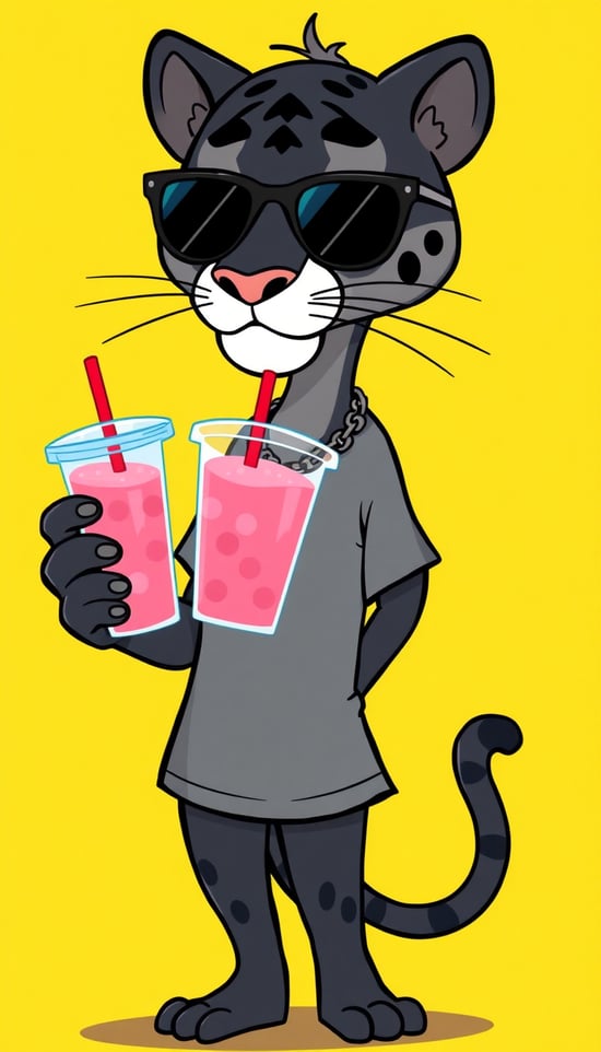 “A stylish anthropomorphic panther character drawn in a modern cartoon style, standing against a vibrant yellow background. The panther wears dark sunglasses and a casual oversized gray T-shirt, accessorized with a chain necklace. The character is holding a transparent plastic cup with pink bubble tea and a red straw. The overall illustration features bold, clean lines with shading and a contemporary aesthetic.”