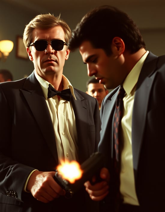 Film still from a 1970s gangster movie at the moment a gangster realizes he has been double crossed. Clean suits. Mob. Gunfire.