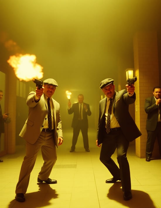 Film still from a 1970s gangster movie at the moment a gangster realizes he has been double crossed. Clean suits. Mob. Gunfire.