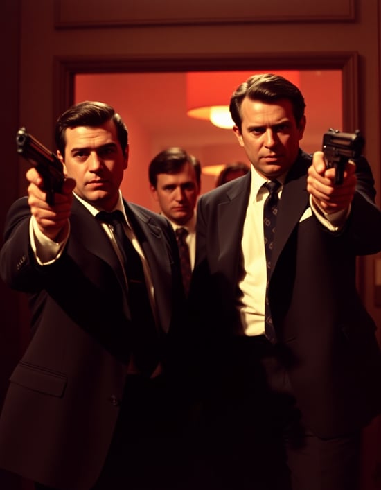 Film still from a 1970s gangster movie at the moment a gangster realizes he has been double crossed. Clean suits. Mob. Gunfire.