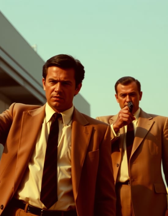 Film still from a 1970s gangster movie at the moment a gangster realizes he has been double crossed. Clean suits. Mob. Gunfire.