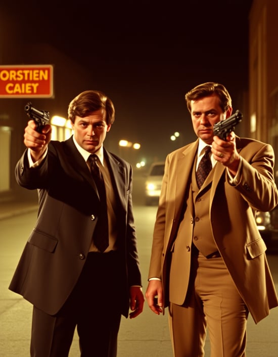Film still from a 1970s gangster movie at the moment a gangster realizes he has been double crossed. Clean suits. Mob. Gunfire.