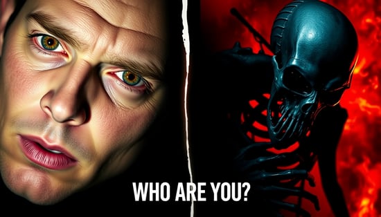 Create a dramatic and eye-catching YouTube thumbnail split into two contrasting halves. On the left, depict a realistic and emotional human face with glowing eyes, expressing a sense of wonder or intensity. Use soft, muted tones for the face. On the right, show a dark, abstract, menacing figure or skeletal design with a fiery red background, evoking mystery and danger. Ensure the split between the two sides is sharp and visually striking, with a bright white dividing line. Add bold, clean text at the bottom center that reads 'WHO ARE YOU?' in large, impactful, sans-serif font, ensuring high readability. Emphasize high contrast, emotional resonance, and a clean, modern design style to maximize CTR