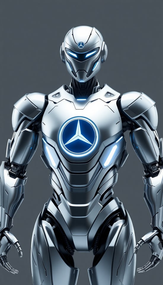 An 8K hyper-realistic design of a futuristic robot inspired by Mercedes-Benz, with sleek, luxury automotive design elements. The robot’s body is crafted from smooth, polished silver and chrome-plated armor, reflecting Mercedes' signature elegance. The torso features a glowing, hexagonal core resembling the brand's iconic grille logo, with subtle detailing of the brand's emblem along the chest. The robot’s limbs are angular yet graceful, with metallic surfaces that resemble the aerodynamic curves of a high-performance car. The arms and legs are articulated with fine mechanical joints, resembling the precise engineering of a luxury automobile.

The head of the robot features a minimalist, high-tech helmet with angular, sharp lines, evoking a sense of both strength and refinement. The color palette includes silvers, metallic blacks, and a touch of blue or white for the glowing elements. The overall design exudes sophistication, strength, and futuristic technology, with visual cues drawn from Mercedes-Benz’s luxury and innovation in the automotive industry
