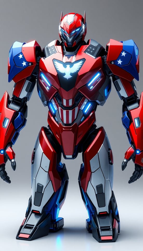 An 8K hyper-realistic design of a futuristic robot inspired by the United States of America. The robot’s body is a blend of red, white, and blue metallic armor, featuring sleek, angular plates with sharp lines and smooth curves. The torso has a large, glowing central core in the shape of the American flag, with stars and stripes subtly integrated into the armor’s design. The limbs are reinforced with heavy, articulated joints, and glowing energy conduits run along the arms and legs in blue and white. The head has a sharp, minimalist design, with a clear visor displaying an eagle motif in the center, representing America’s strength and freedom.

The robot’s chest is emblazoned with a glowing, stylized American flag pattern, and its shoulders bear subtle, metallic versions of the stars and stripes. The overall color palette includes deep blue, vibrant red, and reflective white, with hints of chrome accents. The robot’s design is futuristic, robust, and patriotic, representing power and innovation
