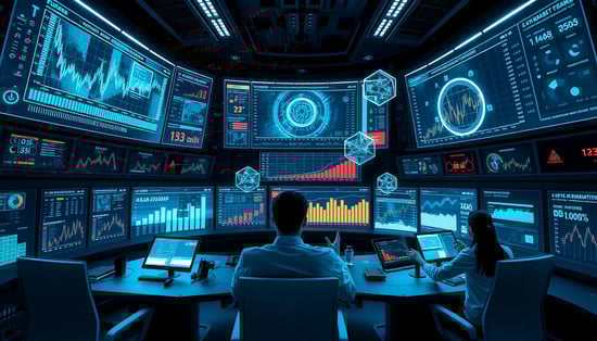 A futuristic command center with multiple holographic displays showing real-time market data, AI-generated insights, and trend visualizations, while researchers in sleek workstations interact with floating 3D graphs and charts through gesture controls.