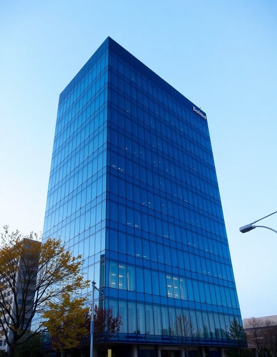A seven-story rectangular building made of deep blue glass. Do not put the name of the building on the building. I like the picture seen from the front.