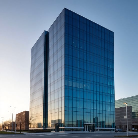 A seven-story rectangular building made of deep blue glass. Do not put the name of the building on the building. I like the picture seen from the front.