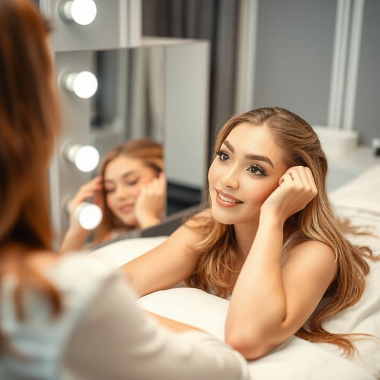 A young woman, around 20 years old, is lying on the salon bed, having just finished her eyelash salon treatment. She is looking at herself in the mirror, checking the final result. Her eyelashes are beautifully done, and she looks extremely happy and satisfied with the outcome. The setting is elegant and relaxing, emphasizing the professional and comfortable atmosphere of the salon.