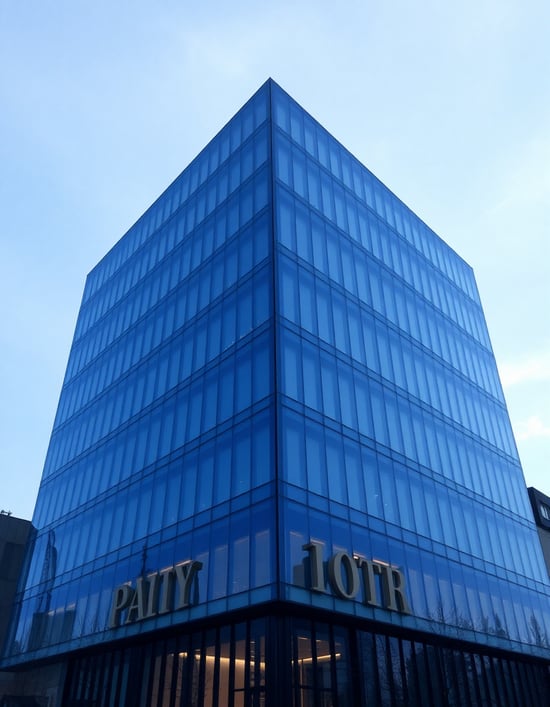 A seven-story rectangular building made of deep blue glass.