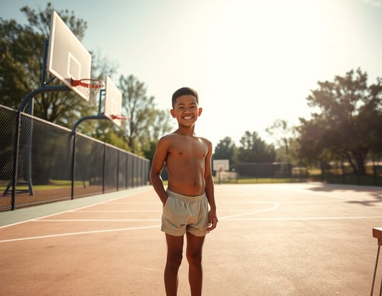 The sunny weather, the basketball court scene, a dark-skinned muscular Chinese boy with a close-cut head, wearing only shorts, stands smiling at the camera, his legs very hairy