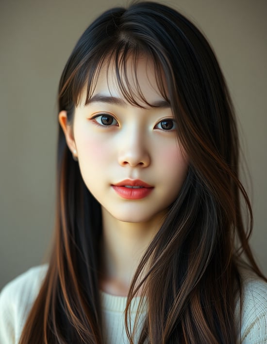 Full body shot for a magazine cover, Face photo of a super cute 18 year old Japanese girl. Subtle gradient shadows,natural pose, frontal angle, blurred soft background. Smooth skin. Soft blurred pastel colors bring out the gradient in her hair. Lighting: Soft diffused, gentle highlights on the hair. 35mm using Kodak Portra 400 film, portrait photography, shallow depth of field, natural lighting, high key lighting, HD quality, natural look.