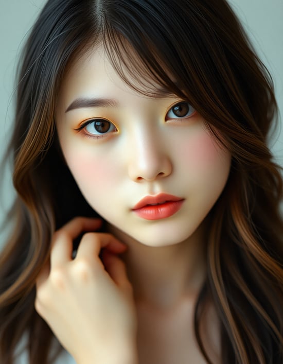 Full body shot for a magazine cover, Face photo of a super cute 18 year old Japanese girl. Subtle gradient shadows,natural pose, frontal angle, blurred soft background. Smooth skin. Soft blurred pastel colors bring out the gradient in her hair. Lighting: Soft diffused, gentle highlights on the hair. 35mm using Kodak Portra 400 film, portrait photography, shallow depth of field, natural lighting, high key lighting, HD quality, natural look.