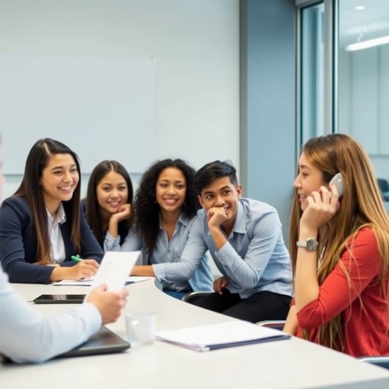 "A group of college students participating in a business etiquette training session, learning about proper greetings, professional phone etiquette, and effective communication skills like reporting, contacting, and consulting."
