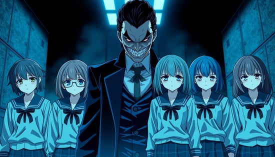 A mysterious villain in dark clothing with a sinister grin, standing menacingly in front of a group of cute Japanese high school girls in matching modern school uniforms. The girls look frightened, backing away slightly. The overall color tone is cool and dramatic with shades of blue and silver to match a time manipulation theme. The atmosphere is tense and foreboding.