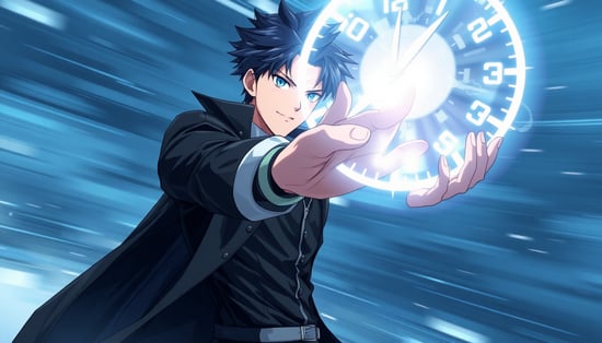 A cool Japanese high school superhero named 'Dilude' in a sleek black coat with silver accents, standing heroically with his hand extended forward. A glowing clock-like aura surrounds him, symbolizing time manipulation. The background has a frozen-in-time effect with blurred motion lines. The overall color tone is cool and dramatic with shades of blue and silver. The atmosphere is intense and powerful.