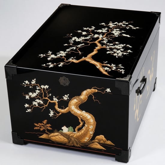 An Edo-period-style black lacquered clothing chest. The surface is adorned with intricate mother-of-pearl inlay depicting an elegant bonsai tree, complemented by gold maki-e embellishments of pine branches and rocks. The deep gloss of the lacquer catches the light, creating a subtle shimmer, while the mother-of-pearl and gold maki-e designs shift in appearance depending on the viewing angle. Ornate metal fittings decorate the four corners, enhancing its dignified aesthetic. The interior is lined with silk, spacious enough to store kimono while also serving as a display-worthy work of art. A masterpiece that embodies the craftsmanship of Edo-period artisans."