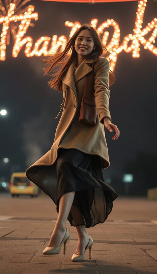 RAW photograph of japanese_woman in coat and low-heels is dancing on her tiptoes like a ballet dancer on stage, The word “Thank you” glows dully in the night sky
coat and long skirt is blown up by the wind, A voluptuous thigh is seen through a coat. slender legs reveals
Her hair is swaying in the wind, woman's hair shines silently
The word “Thank you” floating in the night sky with fireworks, The word “Thank you” in the night sky

The kind face of the woman is smiling and looking at us

full body shot, deep depth of field, from below, low angle shot, csaptured with Fujifilm X-T4 and XF 35mm f/1.4 R lens

natural long hair ,
cute eyes, good complexion skin, detailed skin
kind, mild, gentle and neat girl, beautiful girl who is modest and obedient
detailed beautiful eyes, detailed beautiful face
She blushes and looking at viewer with loving expression and kind smile on her face.

cinematic, moody lighting

<lora:anzu-flux-LoRA_v22:0.4>,<lora:Ashley:0.2>,<lora:JasmineFluxV1:0.3>,<lora:Yuna:0.1>,<lora:japanese_woman:0.1>
<lora:ADetailerNetidolFace_flux:0.2> ((realistic)), ((fair skin)), idol, jpop, belle, pretty, light smile
<lora:FluxDFaeTasticDetails:0.2>