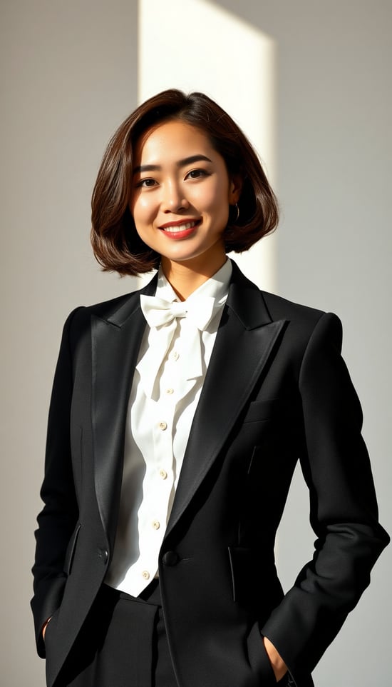 Young half westerner and half japanese woman in perfectly tailored black tuxedo against minimalist studio backdrop, white collared shirt, bow tie. She has brown bob cut hair, curly bob hair. natural window light creating dramatic shadows, professional pose with confident smile. high-end fashion editorial style, shot on medium format camera, shallow depth of field, elegant composition, Vogue aesthetic.