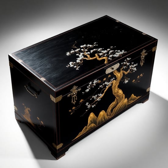 An Edo-period-style black lacquered clothing chest. The surface is adorned with intricate mother-of-pearl inlay depicting an elegant bonsai tree, complemented by gold maki-e embellishments of pine branches and rocks. The deep gloss of the lacquer catches the light, creating a subtle shimmer, while the mother-of-pearl and gold maki-e designs shift in appearance depending on the viewing angle. Ornate metal fittings decorate the four corners, enhancing its dignified aesthetic. The interior is lined with silk, spacious enough to store kimono while also serving as a display-worthy work of art. A masterpiece that embodies the craftsmanship of Edo-period artisans."