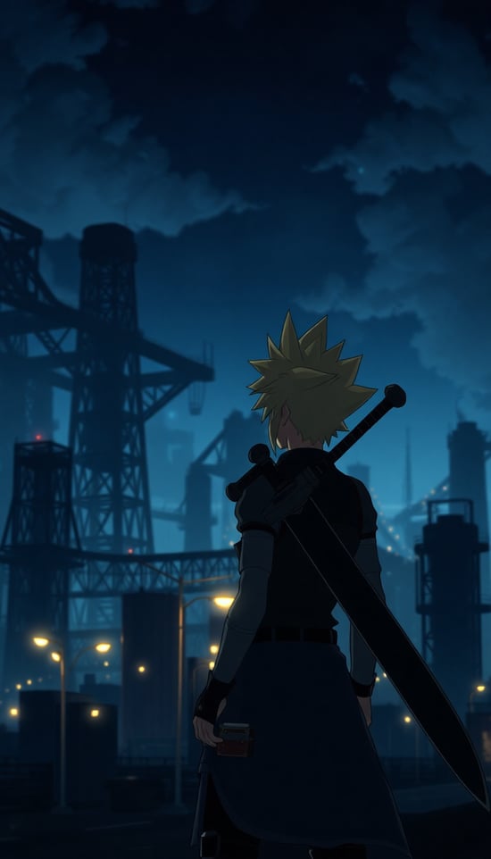Cloud standing with a cool expression, his iconic Buster Sword resting on his shoulder, gazing at the towering steel structures of Midgar in the distance. The night sky looms dark, illuminated by the soft glow of streetlights and the glow of the city, casting his silhouette against the industrial backdrop