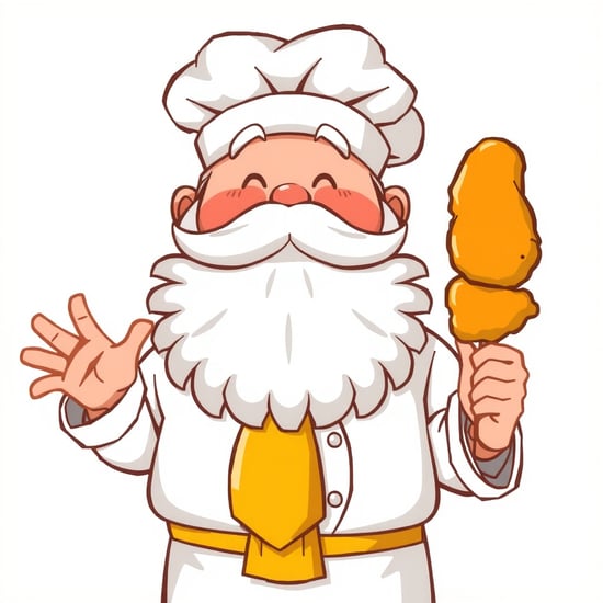 A cartoon-style illustration of a plump chef with an enormous, Santa Claus-like white beard. His thick eyebrows completely cover his eyes, giving him a cheerful and friendly appearance. He wears a traditional white chef’s uniform with a yellow necktie and a tall chef’s hat. In his right hand, he holds a skewer with three pieces of deep-fried chicken (karaage) that are golden-brown and crispy. His left hand is making a friendly gesture. The background is simple and clean, emphasizing the character’s warm and inviting personality.