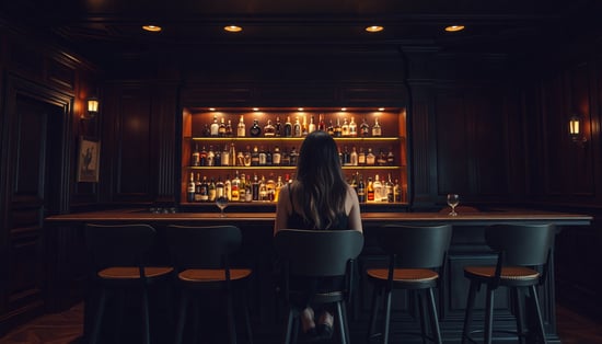 Generate it again with a different woman. Photo of the interior of a very dark, classy, quiet bar. There are no windows and the walls are wooden. There is a single large antique wooden counter with six counter chairs. Inside the counter is a shelf with beautiful indirect lighting. The shelves are decorated with carefully selected liquors. A woman with long hair sits on the third counter chair from the right of the counter, staring at the shelf. Only the woman's glass is on the counter. This woman is the only person in the bar. The point of view to be depicted is composed from directly behind the woman, more than 10 meters away. The image is depicted with a wide angle of view that shows the overall view of the interior of the bar.