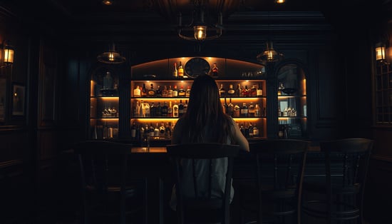 Generate it again with a different woman. Photo of the interior of a very dark, classy, quiet bar. There are no windows and the walls are wooden. There is a single large antique wooden counter with six counter chairs. Inside the counter is a shelf with beautiful indirect lighting. The shelves are decorated with carefully selected liquors. A woman with long hair sits on the third counter chair from the right of the counter, staring at the shelf. Only the woman's glass is on the counter. This woman is the only person in the bar. The point of view to be depicted is composed from directly behind the woman, more than 10 meters away. The image is depicted with a wide angle of view that shows the overall view of the interior of the bar.