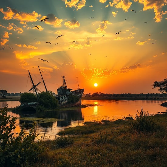 A breathtaking African landscape at sunset, with warm golden and orange hues reflecting off a serene lake. A long-abandoned shipwreck rests partially submerged in the water, covered in lush vegetation, blending seamlessly with nature. The scene feels ancient and untouched, evoking mystery and history. Birds soar gracefully in the sky, while distant wildlife roams along the shoreline, adding life to the composition. The perspective is dynamic and creative, using the golden ratio to balance the elements harmoniously. The atmosphere is peaceful yet intriguing, capturing the beauty of nature reclaiming a forgotten relic.