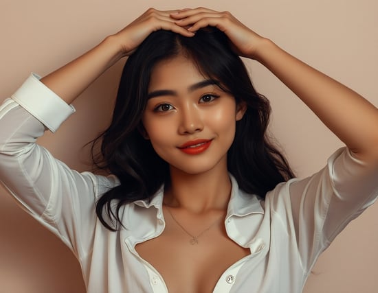 /imagine A portrait of a young Asian woman wearing an open white shirt, her hands raised above her head, revealing her collarbone and part of her chest, with a calm and slightly smiling expression, Portrait Photography, Aesthetic, Realism, Fashion, Medium shot, Central Composition, Simple Background, Soft Lighting, Diffused Lighting, Warm Tones, Subtle Shadows