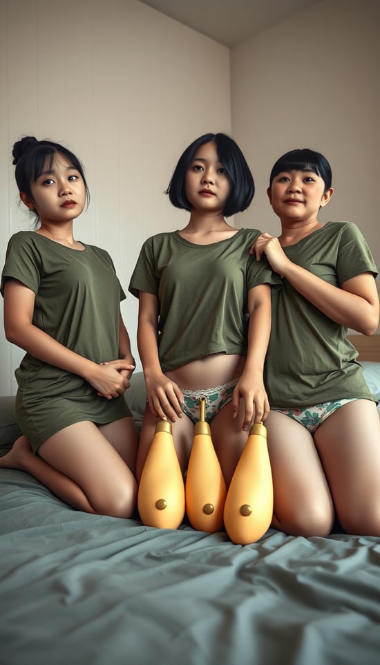 
A photorealistic indoor portrait of three Japanese female Self-Defense Force members in their 30s to 40s, photographed from a low angle with a subtle upward tilt, capturing a close-up view of their faces and upper bodies as they kneel or sit in upright postures atop a single bed in their shared dormitory room. All three are barefoot and dressed in loose olive green dry-fit T-shirts paired with colorful floral lace underwear. Their builds are soft and slightly overweight, and each has regulation-style black hair: one in a tight bun, one in a bob, and one in a short, boyish cut. Their skin is rendered with high photorealism, showing age-appropriate pores, natural shine, and subtle texture.

Earlier that day, the three had received humorous symbolic gifts — each woman being handed a large, silicone phallic charm — noticeably oversized, around 30 centimeters long — designed as a playful and symbolic gift inspired by the fertility and matchmaking customs of Kanayama Shrine. The charms are soft, flexible, glistening with oil, and clearly exaggerated for humorous effect, while still carrying the intent of good fortune in love. The surface of each charm is coated in a thick layer of silicone oil, leaving their hands slick and shiny. Despite tissues being used, visible stains remain on their T-shirts, and the bedspread shows smudges and scattered traces of oil.

In this moment, the three women are posed naturally on the bed — one in a kneeling stance, another sitting formally in seiza, and the third leaning forward slightly. The smartphone camera is held low in front of them, creating a slightly upward composition. All three women face the lens directly and stick out their tongues in a synchronized, tongue-check pose — a half-serious, half-mocking gesture mimicking a health inspection. Their eyes are expressive: one bright and playful, one shyly narrowed, the third struggling to keep a straight face while smiling through her extended tongue.

The composition emphasizes their expressions and upper bodies, with only partial glimpses of the charms they hold or rest across their laps. Around them, the small dorm room shows signs of relaxed chaos: camouflage fatigues draped over a chair, socks loosely tossed aside, and a cluttered shelf of toiletries and snacks. The lighting is soft and warm, casting a gentle glow on their cheeks and enhancing the sheen of oil on their fingers and gifts.

This close-up, playful image captures a candid moment of camaraderie — where ritual meets irreverence, uniforms coexist with individuality, and trust allows for shared silliness in the quiet hours between duties.