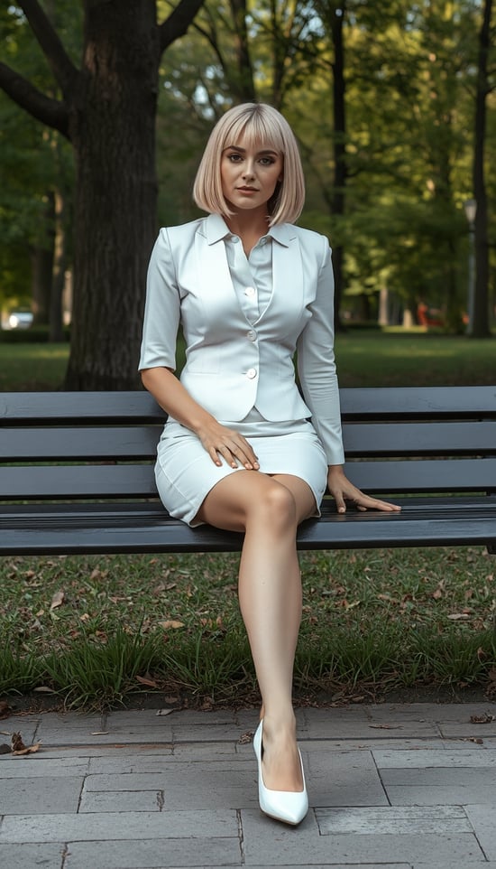 office lady, short shiny white tight skirt, white blouse, shiny white vest, sitting on the bench in the park, blond hair, bob straight hair, shiny white high heels, beautiful lady, slender, white suit, white skin, early twenties, ((spread legs)), full body, solo, small chest, front view