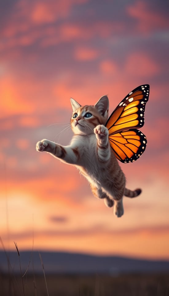 flying cat with butterfly wings in sunset sky