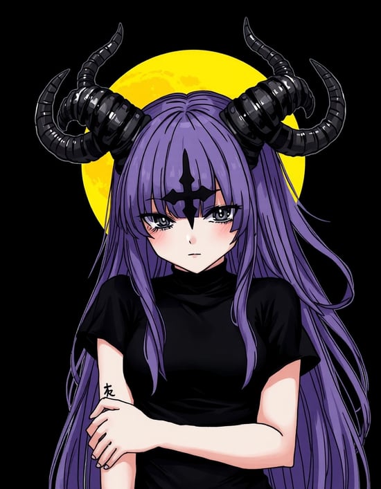 A girl with long black - and - purple hair,(two large curved black horns on her head:5.1),a black cross on her forehead. She has  eyes,two  black,(a low - cut black top:1.1),(and with visible tattoos on her arm. There is a large yellow moon in the black background.),