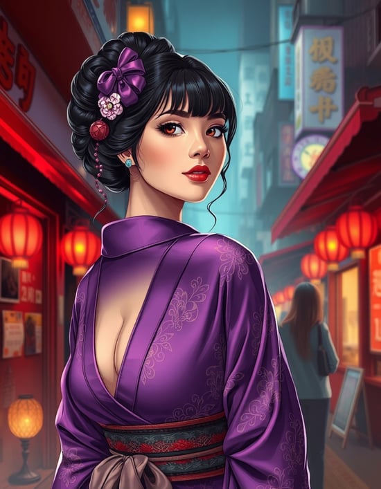 女性のイラストをリアル寄りに描いてください。
紫色の着物で、愛らしい遊女をイメージ。背景は華やかな花街です。