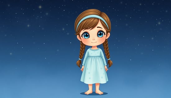 A full body illustration of a 10-year-old girl, front view, 
brown braided hair with a light blue headband, big blue eyes, 
wearing a light blue long dress with small floral patterns, barefoot, 
standing in front of a dreamy night sky filled with twinkling stars, 
storybook illustration style, soft and gentle colors, 
elegant and natural proportions, delicate and heartwarming atmosphere, 
NOT chibi, NOT cartoonish, NOT oversized head, NOT deformed

