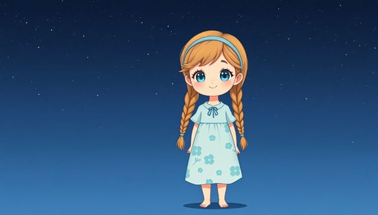 A cute illustrated character, full body, front view, standing under a starry night sky, 
wearing a light blue floral long dress with short sleeves, 
long braided light brown hair with a simple headband, big light blue eyes, soft gentle smile, 
storybook illustration style, dreamy and healing atmosphere, consistent character design
