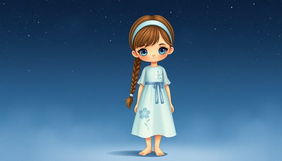 A full body illustration of a 10-year-old girl, front view, 
brown braided hair with a light blue headband, blue eyes, 
wearing a light blue long floral dress, barefoot, 
standing under a dreamy starry night sky, 
storybook illustration style, soft pastel colors, 
realistic child proportions, elegant and delicate, 
NOT chibi, NOT cartoon, NOT big head, NOT exaggerated features

