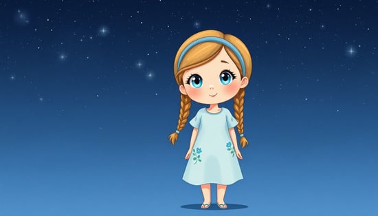 A cute illustrated character, full body, front view, standing under a dreamy starry night sky, 
wearing a light blue floral long dress with short sleeves, 
light brown braided hair with a blue headband, big light blue eyes, gentle soft smile, 
storybook illustration style, dreamy, detailed, consistent character design, less chibi, more elegant proportions
