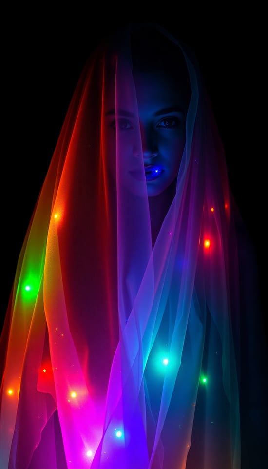 A mysterious woman standing in darkness, wrapped in a translucent, flowing veil that sparkles with fiber-optic lights in a full rainbow spectrum — red, orange, yellow, green, blue, indigo, violet. The veil glows with tiny star-like lights, creating a magical, cosmic effect. Her face is partially shadowed, illuminated by the multicolored glow from the veil. The background is pitch black, enhancing the radiant colors and ethereal atmosphere. High detail, cinematic lighting, soft glow, fantasy, surreal art style.

Optional style tags: