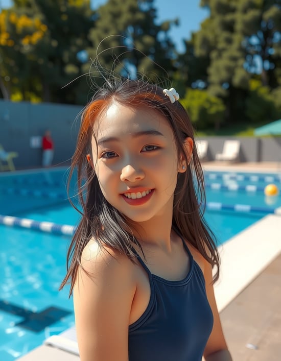 full-body portrait of a Japanese school girl standing naturally by the poolside, wearing a navy blue school swimsuit, under soft summer sunlight, realistic pose with relaxed posture, gentle natural smile, photorealistic, ultra detailed 8k image, realistic lighting and shadows, professional photography style, clear water reflection, cinematic color grading, fine skin texture, natural proportions, captured with a 50mm lens, bright and clean background, clear blue sky, wholesome and pure atmosphere
