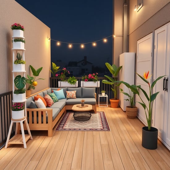 “这是一个10.13平方米的方正阳台，东北朝向。请根据提供的照片，生成以下设计效果图：

在阳台左上角，设计一个原木色的L型卡座沙发，上面有灰色软垫和彩色抱枕，前面有一个小茶几和一块地毯。

在卡座左侧墙面，有一个白色的多层阶梯花架，上面错落摆放着龟背竹、白掌、彩叶芋等绿植。

阳台栏杆处有花箱，里面种着柠檬树和月季。

阳台右下角有一棵高大的天堂鸟。

右上角是一个白色的储物柜。

整个阳台是浅色木地板，晚上有温暖的串灯照明。

设计风格为现代简约混搭自然风。”